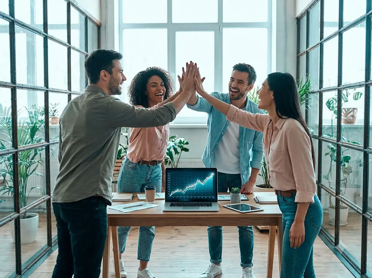 Team celebrating results around a laptop